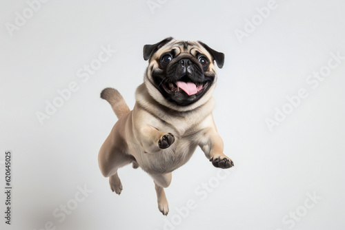 Happy Pug dog jumping on a white background. Banner concept for pet shop, e commerce pet, veterinary clinics. Generative AI. 