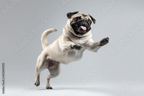 Happy Pug dog jumping on a white background. Banner concept for pet shop, e commerce pet, veterinary clinics. Generative AI. 