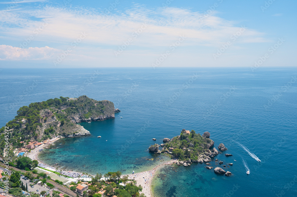 View of Isola Bella in Taormina, Sicily, Italy, blue sea View of Isola Bella in Taormina, Sicily, Italy, blue sea