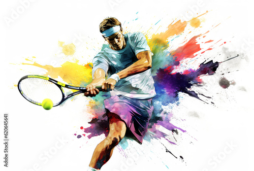 Fototapeta Watercolor abstract representation of tennis. Tennis player in action during colorful paint splash, isolated on white background. AI generated illustration. 