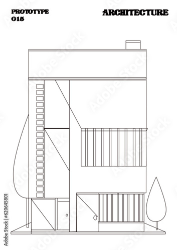 Casa vector de estilo bauhaus en formas cuadradas con dos arboles. Edificio forma geométrica estilo bauhaus.