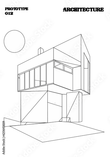 Casa vector de formas cuadradas estilo bauhaus, casa minimalista de formas geométricas, 