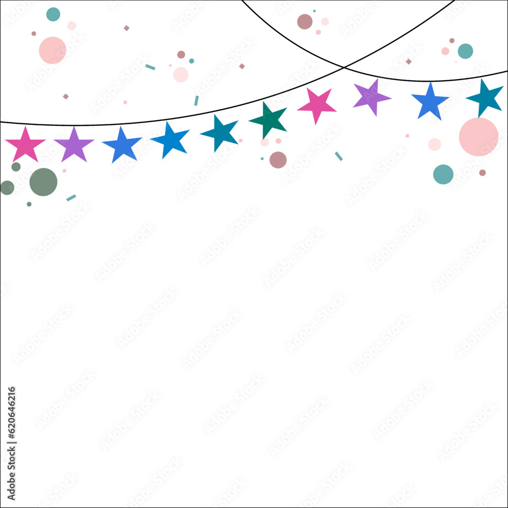 Colorful Party Flags With Confetti And Ribbons Falling on transparent background. Celebration Event and Happy Birthday. Multicolored. Vector star shape.