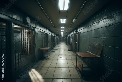 Empty correctional facility corridor. Generative AI