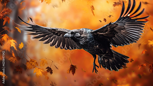 raven in flight with autumn leave background. 