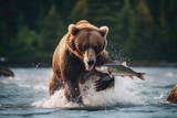 Brown Grizzly Bear catching a salmon in the river. AI generative.