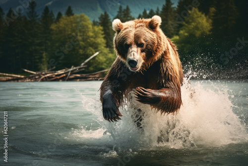 Brown Grizzly Bear catching a salmon in the river. AI generative.