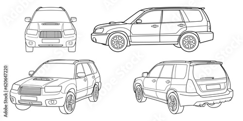Set of classic suv car. Crossover car different view shot: side, front, rear and 3d. Outline doodle vector illustration. Design for print, coloring book	

