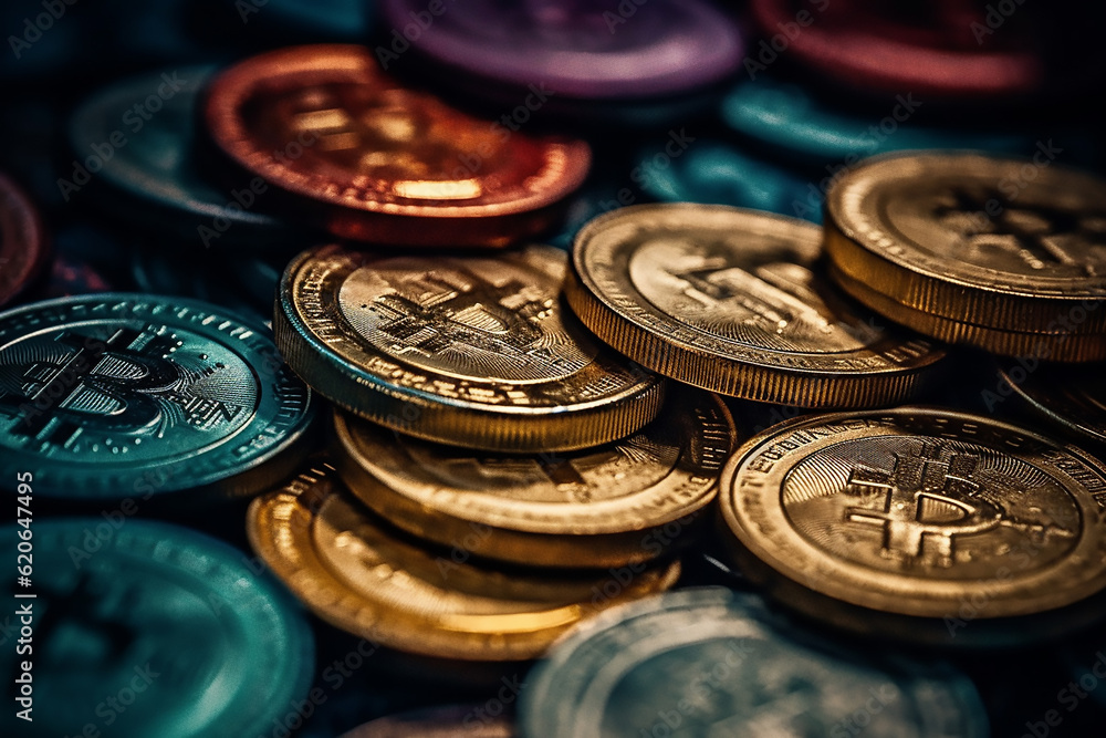 Precious Illumination: Bitcoin and Coins Glowing in the Dark Background Precious Illumination: Bitcoin and Coins Glowing in the Dark Background
