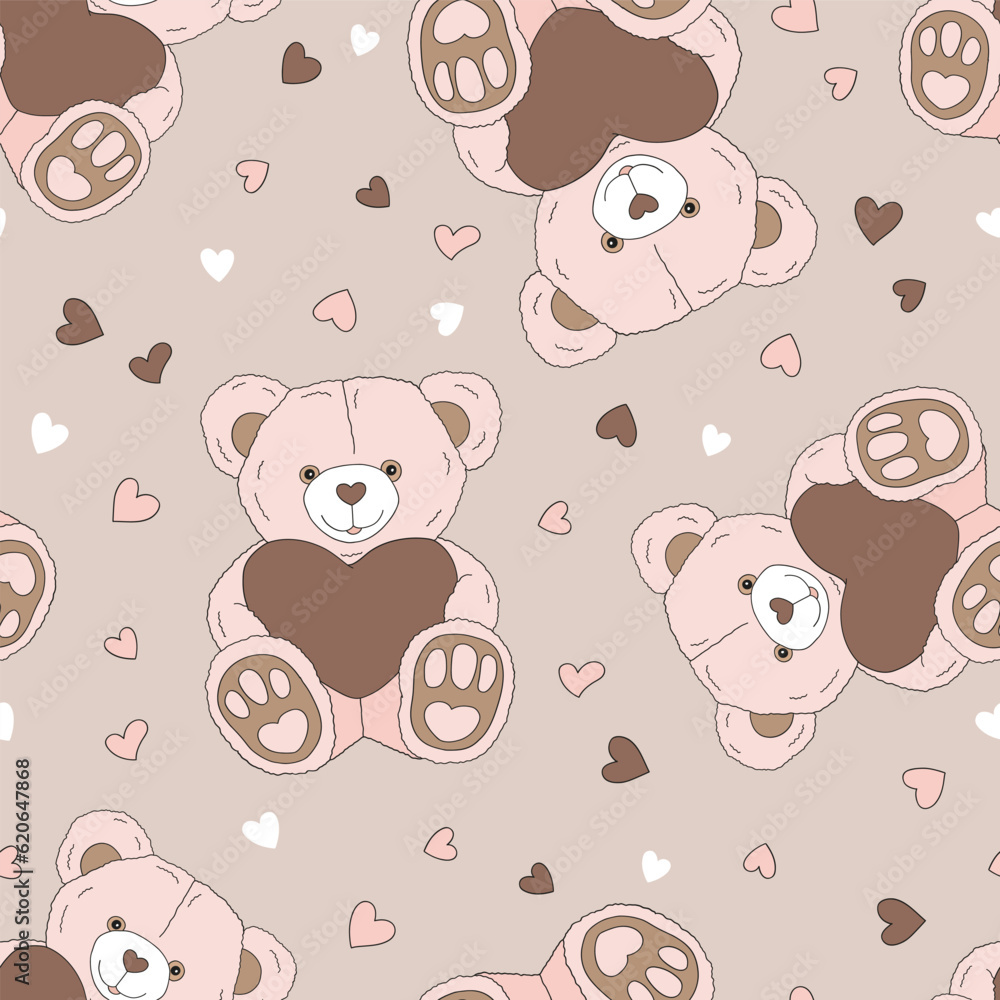 Obraz premium Cute vintage soft teddy bear toy vector seamless pattern. Romantic Valentines Day background.