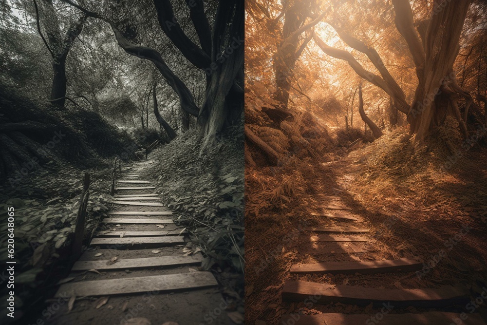 Choosing between fake and real paths in life. Generative AI - obrazy, fototapety, plakaty 