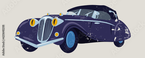 Retro car of the 1940s. Vintage car. Vector illustration with retro texture. Flat pattern with scuffs.
