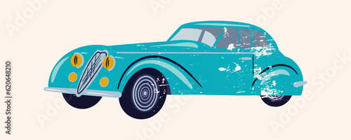 Retro car of the 1940s. Vintage car. Vector illustration with retro texture. Flat pattern with scuffs.
