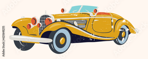 Retro car of the 1940s. Vintage car. Vector illustration with retro texture. Flat pattern with scuffs.