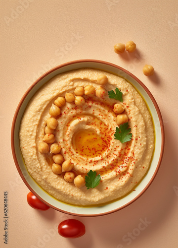 Hummus dish in a plate on table, background. Dishes of chickpeas, a vegetarian dish. Large bowl of homemade hummus. Generative AI