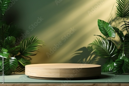 Abstract natural organic green scene with geometric wood podium display background for product presentation  mock up  cosmetic product stand  3d rendering.