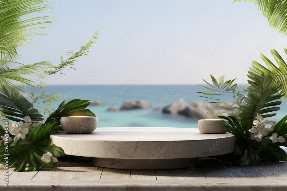 Podium display with tropical plant and stone on water sea beach background. Cosmetics or beauty product promotion mockup 3d rendering.