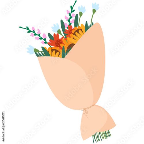 Bouquet with blooming flowers wrapped in craft paper. Design element for greeting card, invitation, stickers, postcard, poster, print