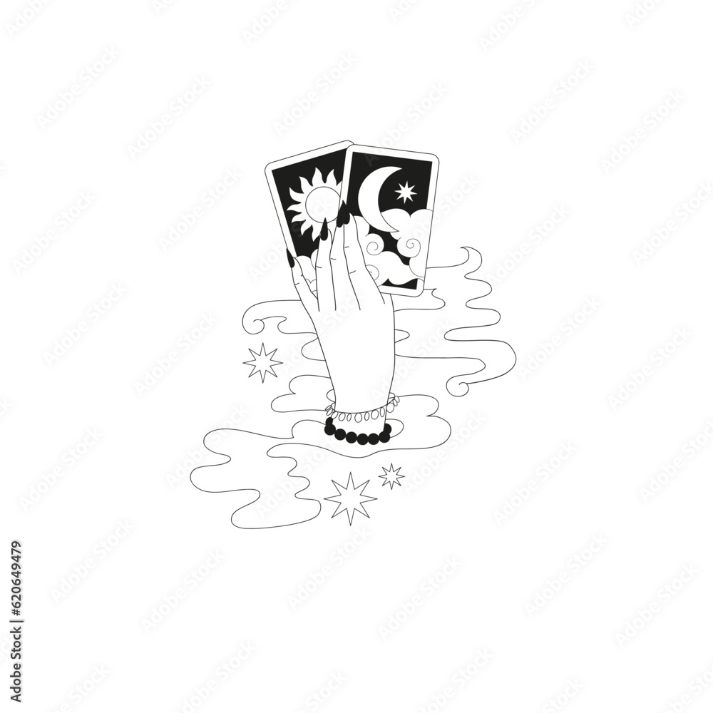 Witch hand with tarot cards fortune teller vector illustration. Groovy boho magic print design. Mystical Halloween vibes clipart. Witch hand with tarot cards fortune teller vector illustration. Groovy boho magic print design. Mystical Halloween vibes clipart.