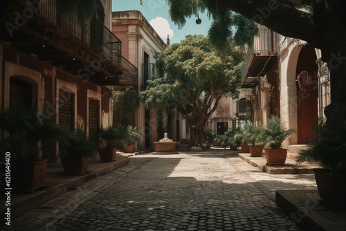 Peaceful street in Santo Domingo's Colonial Zone. Generative AI © Mason