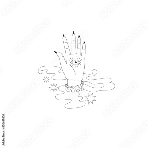 Witch hand fortune teller vector illustration. Groovy boho magic print design. Mystical Halloween vibes clipart.