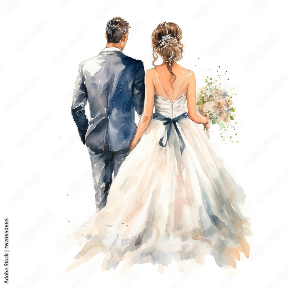 Just married couple with bouquet of flowers. Elegant groom and bride hand-painted illustration. Watercolor art isolated on white background. Template for wedding invitation, save the date, cards Just married couple with bouquet of flowers. Elegant groom and bride hand-painted illustration. Watercolor art isolated on white background. Template for wedding invitation, save the date, cards