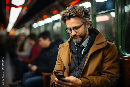 Tela Handsome middle-aged man in a brown coat and eyeglasses using a smartphone while waiting for a train