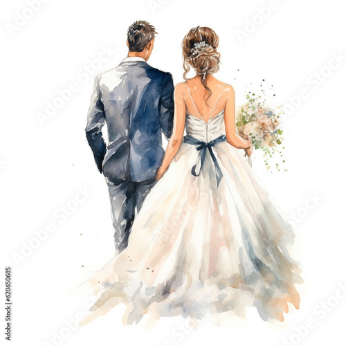 Just married couple with bouquet of flowers. Elegant groom and bride hand-painted illustration. Watercolor art isolated on white background. Template for wedding invitation  save the date  cards