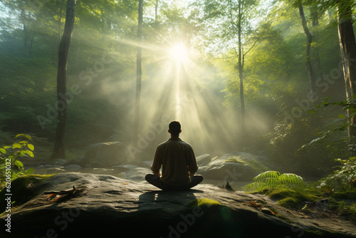 Man meditates in a forest. Back view. Ai generated