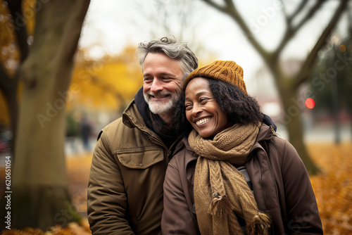 Happy Multiracial middle aged couple hugging on a walk in autumn park