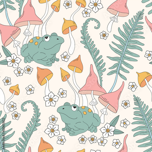 Frog mushrooms fern forest garden vector seamless pattern. Witchy Halloween background. Groovy boho magic surface design.