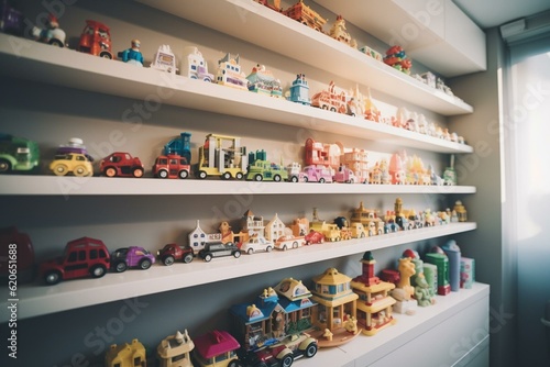 Colorful toys organized on white shelves in nursery. Generative AI