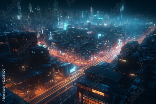 futuristic glowing cityscape with neon infrastructure. Generative AI