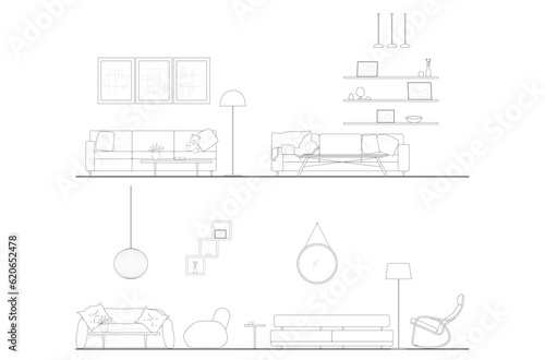 Architectural Drawings,elevation vector interior, living room illustration, side view, human sit on sofa, Minimal style hand drawn. Sections, Elevations, Floor Plans.