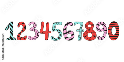 Figures , doodle style drawings. Row of cartoon numbers collection. Birthday card design. Vector icons, illustration on white isolated background.