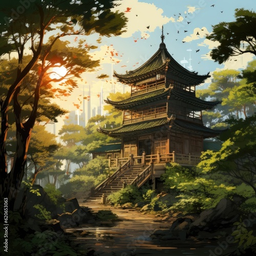 Sunlight filters through trees around peaceful green pagoda. (Illustration, Generative AI)