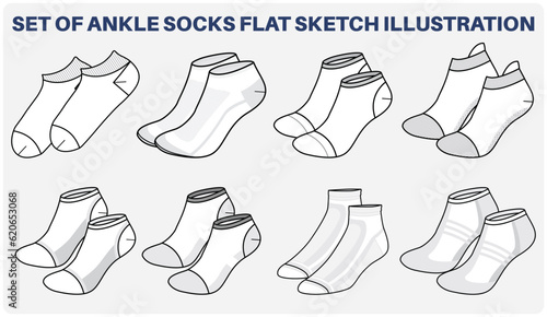 Set of Ankle length Socks flat sketch fashion illustration drawing template mock up, Liner ped anklet socks cad drawing for men's and women's