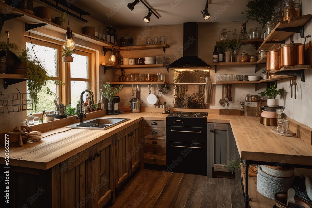 Fototapeta premium A cozy and rustic cabin-style kitchen.Generated AI