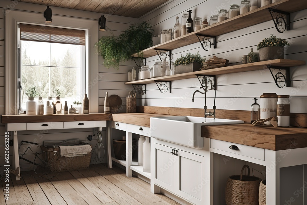 wood minimal laundry room with shelf and plant. Generative AI wood minimal laundry room with shelf and plant. Generative AI