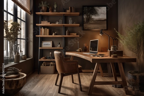 A cozy and rustic cabin-style home office. Generated ai © Create image