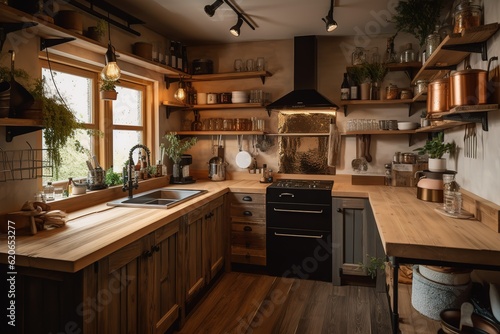 A cozy and rustic cabin-style kitchen.Generated AI © Create image