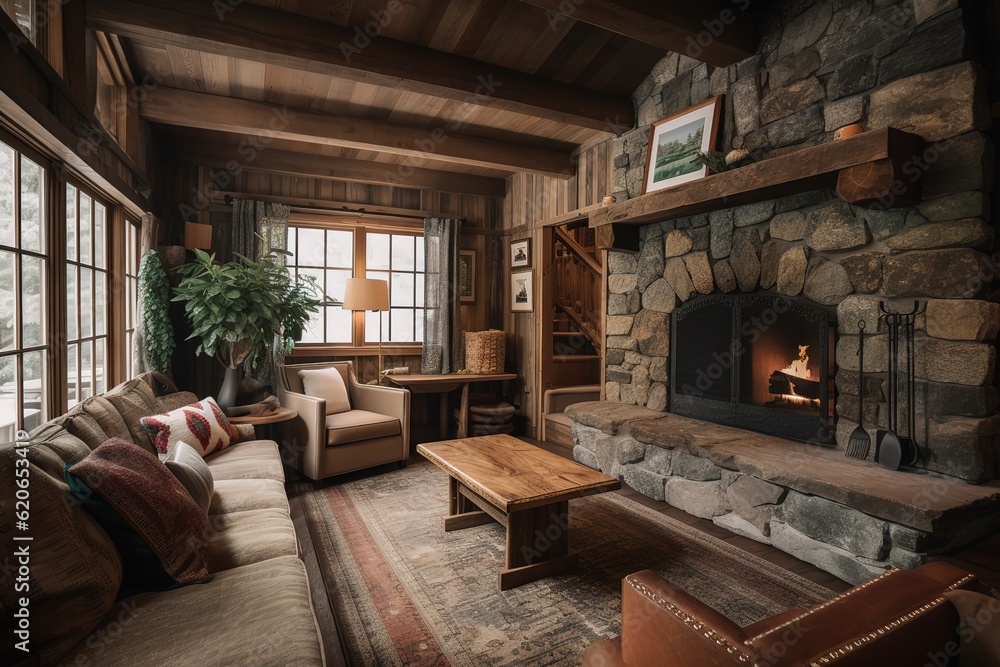 cozy, cabin-style living room with a stone fireplace. Generative AI cozy, cabin-style living room with a stone fireplace. Generative AI