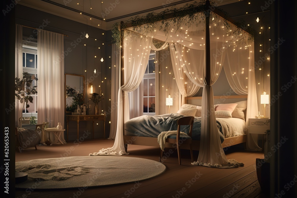 Fairy tale-inspired cozy dreamy bedroom with a four-poster canopy bed, twinkling string lights, and whimsical decor. Generative AI Fairy tale-inspired cozy dreamy bedroom with a four-poster canopy bed, twinkling string lights, and whimsical decor. Generative AI
