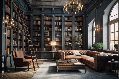 Luxurious interior of home library. Elegant furnished living room , luxury interior design - generative ai © Create image