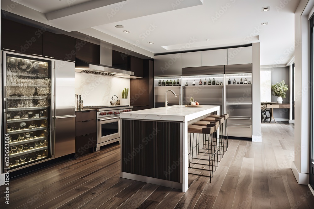 Contemporary Kitchen With Waterfall Countertop And Statement Lighting. Generative AI