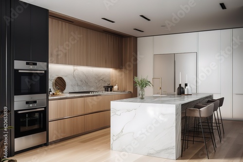 Modern matte black kitchen with a marble countertop to create a modern and stylish look. generated AI