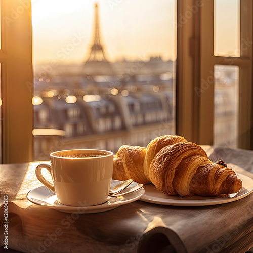 Breakfast croissant and coffee cup in a Paris France windowsill in the morning