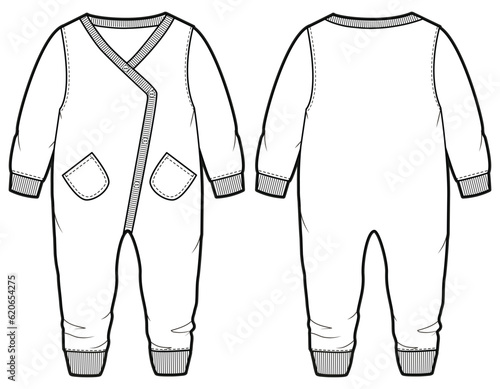 Baby boy Long sleeve sleep suit rompers design flat sketch fashion illustration drawing template mock up with front and back view. Toddler baby boy and girl Onesies bodysuit T shirt cad drawing