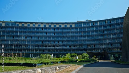 View of The UNESCO Headquarters, a symbol of cultural preservation and international cooperation in Paris. United Nations Educational, Scientific and Cultural Organization headquarters with arts.