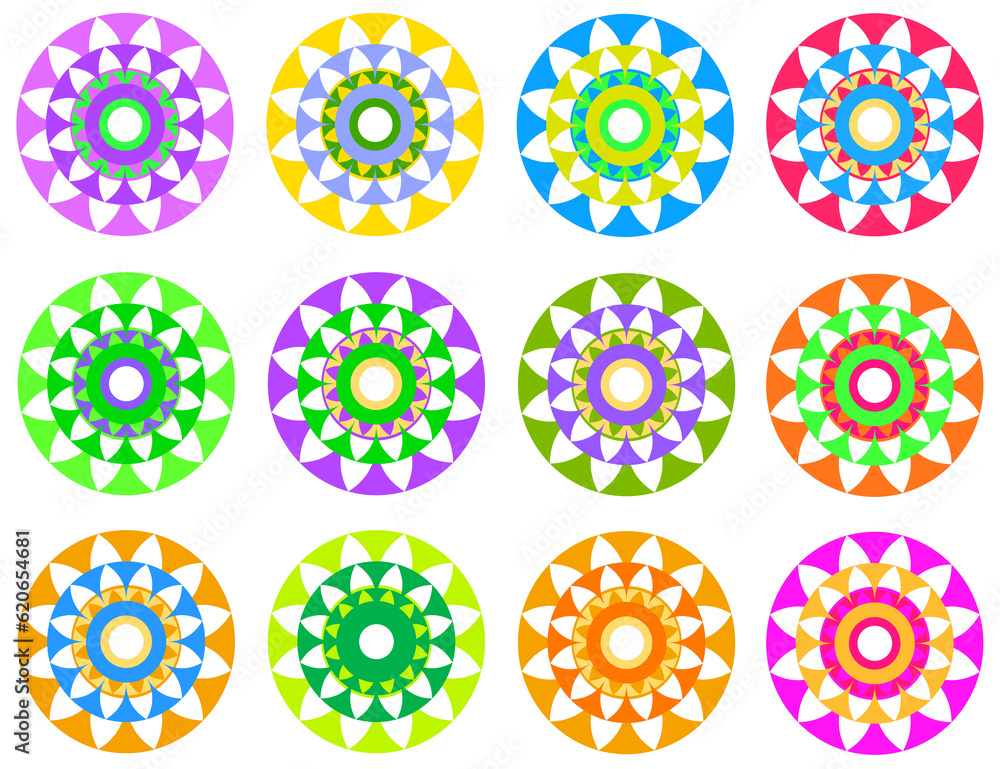 Mandalas of various colors, striking and with white background.